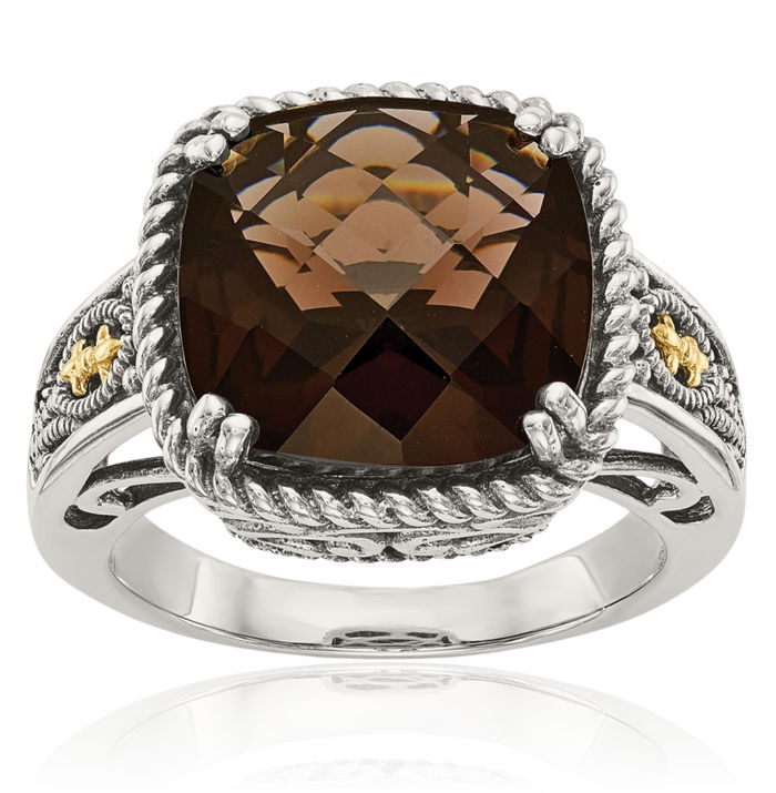 925 Sterling Silver Vintage Cushion-Cut Brown Smoky Quartz Cocktail Statement Ring Gemstone Band