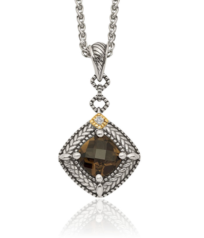 925 Sterling Silver Vintage Cushion-Cut Brown Smoky Quartz Diamond Dangling Chain Necklace Gemstone Pendant Charm