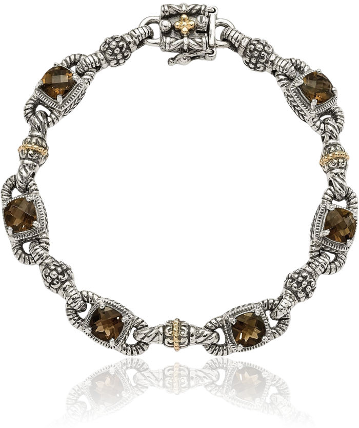 925 Sterling Silver Vintage Cushion-Cut Brown Smoky Quartz Chain Gemstone Tennis Bracelet