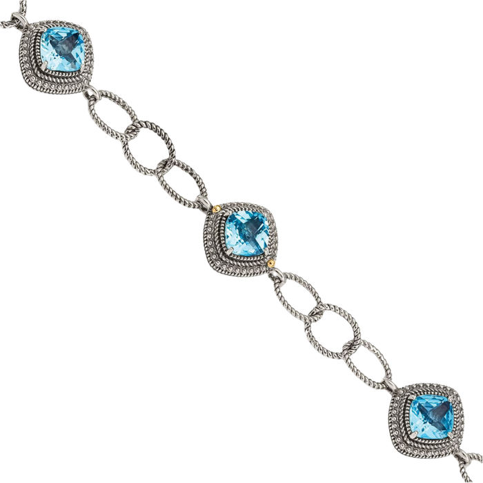 925 Sterling Silver Vintage Cushion-Cut Swiss Blue Topaz Chain Bracelet