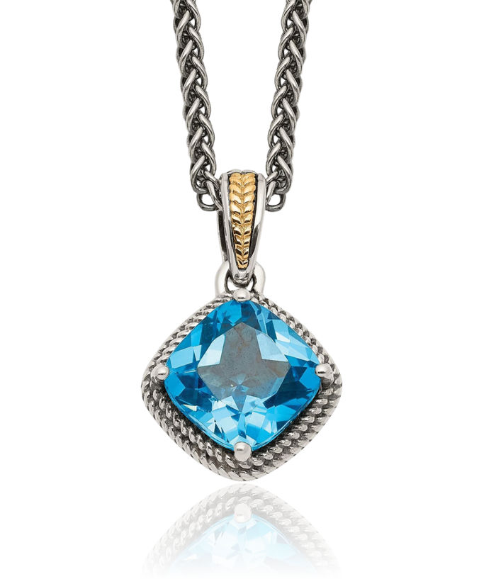 925 Sterling Silver Vintage Cushion-Cut Swiss Blue Topaz Chain Necklace Gemstone Pendant Charm