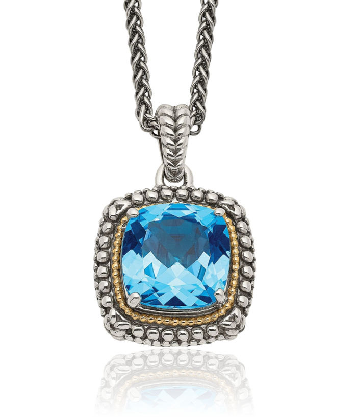 925 Sterling Silver Vintage Cushion-Cut Swiss Blue Topaz Chain Necklace Gemstone Pendant Charm