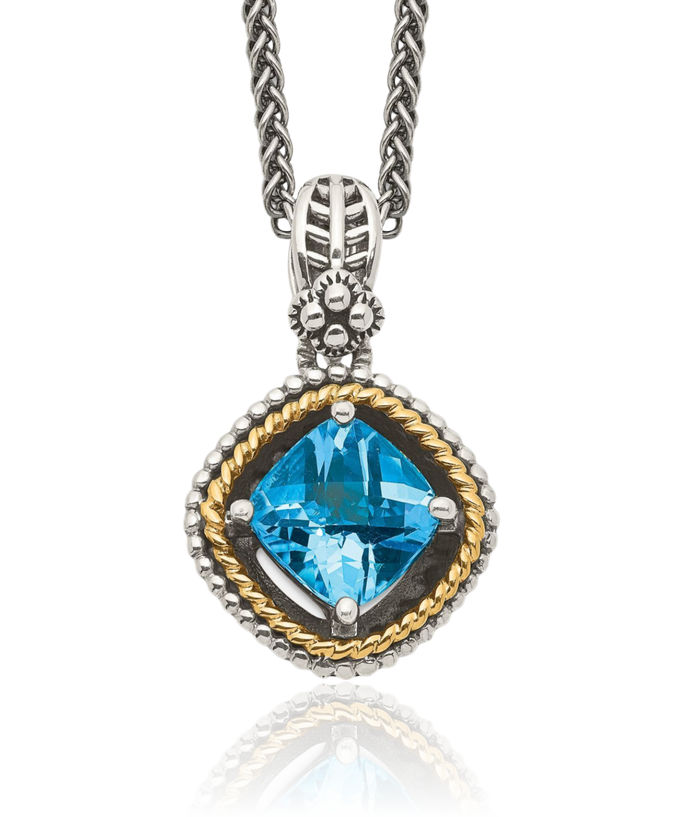 925 Sterling Silver Vintage Cushion-Cut Swiss Blue Topaz Chain Necklace Gemstone Pendant Charm