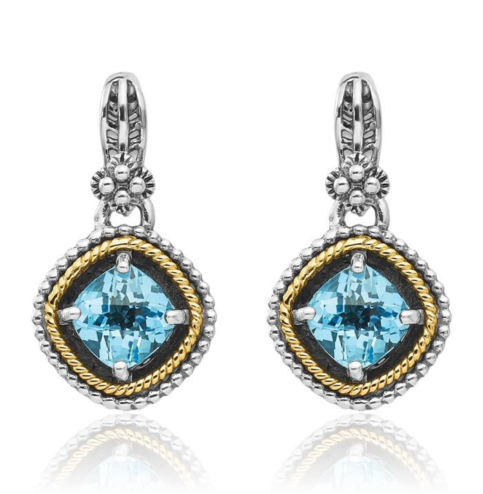 925 Sterling Silver Vintage Cushion-Cut Swiss Blue Topaz Post Drop Dangle Earrings