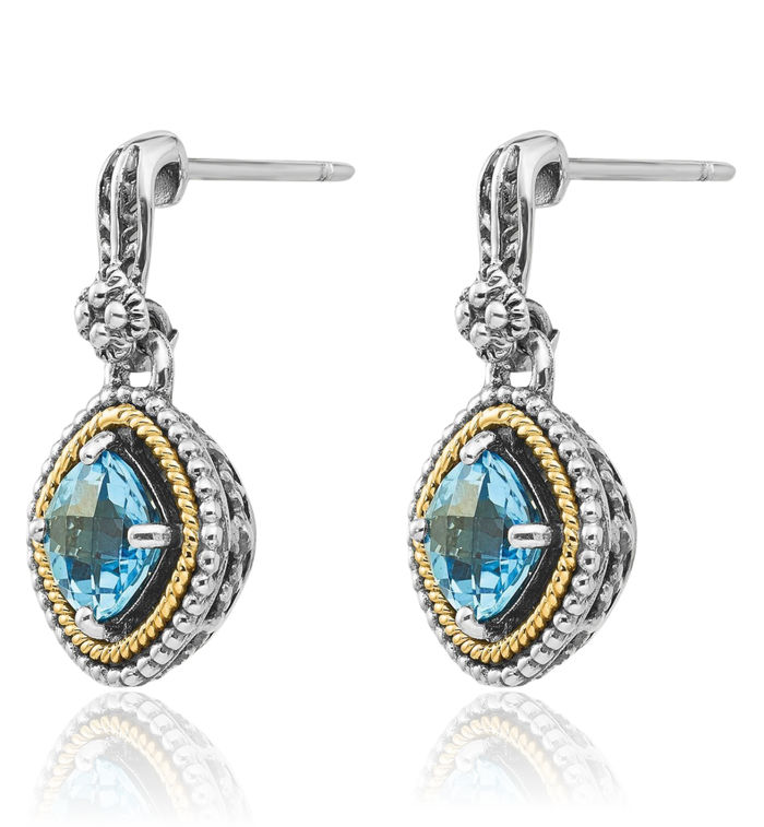 925 Sterling Silver Vintage Cushion-Cut Swiss Blue Topaz Post Drop Dangle Earrings