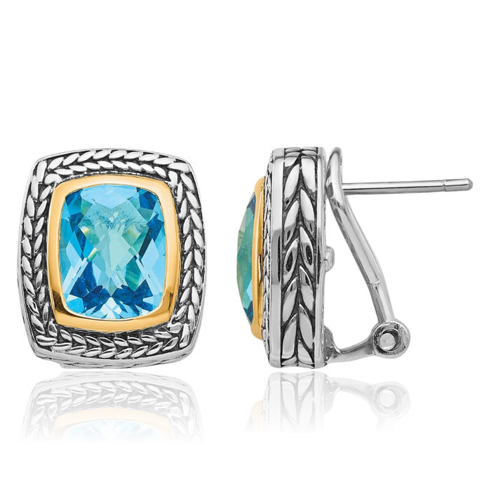 925 Sterling Silver Vintage Cushion-Cut Swiss Blue Topaz Omega Clip Back Post Stud Earrings