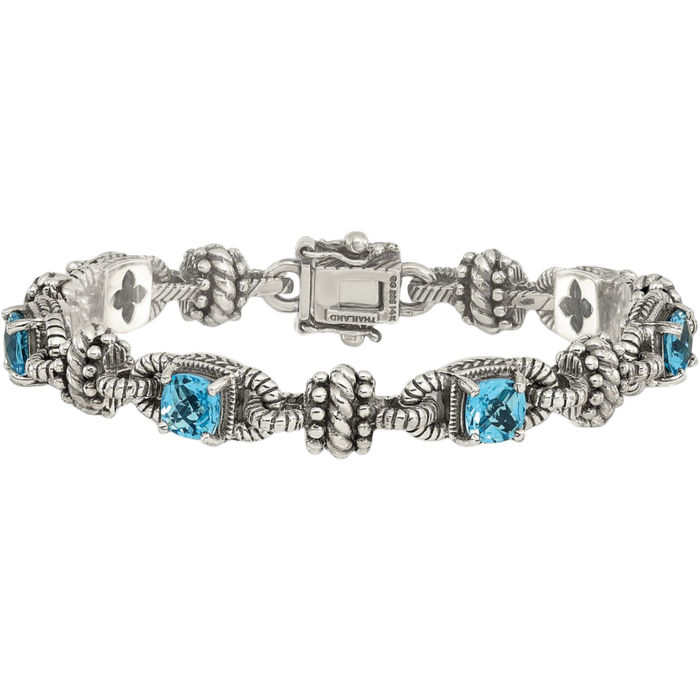 925 Sterling Silver Vintage Cushion-Cut Swiss Blue Topaz Chain Gemstone Tennis Bracelet