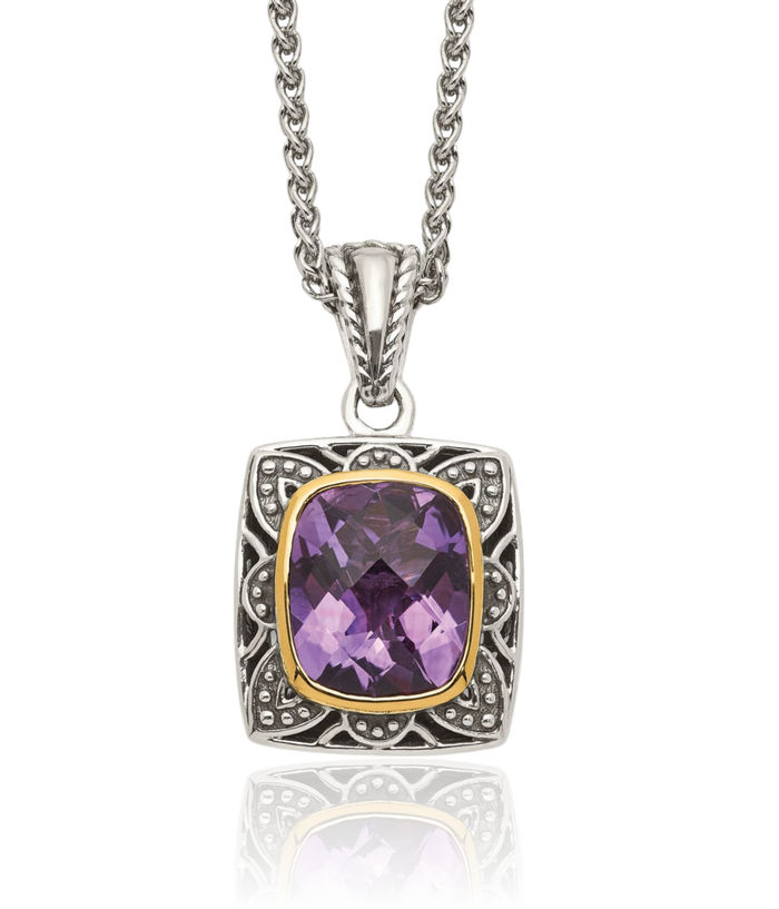 925 Sterling Silver Vintage Cut Cushion-Cut Purple Amethyst Chain Necklace Gemstone Pendant Charm