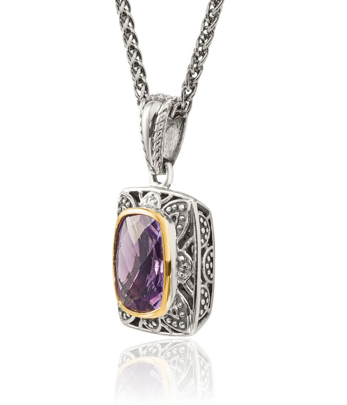 925 Sterling Silver Vintage Cut Cushion-Cut Purple Amethyst Chain Necklace Gemstone Pendant Charm