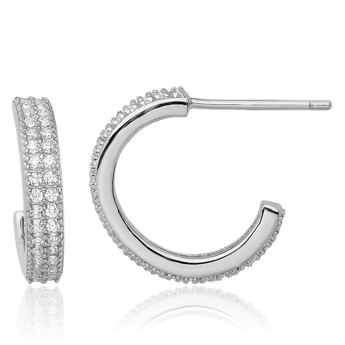 925 Sterling Silver Cubic Zirconia CZ 14x3.5mm C Hoop Earrings