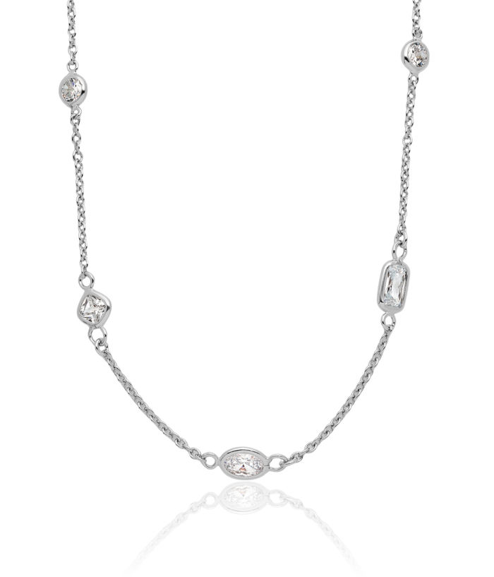 925 Sterling Silver Cubic Zirconia CZ 26 Station Necklace Chain