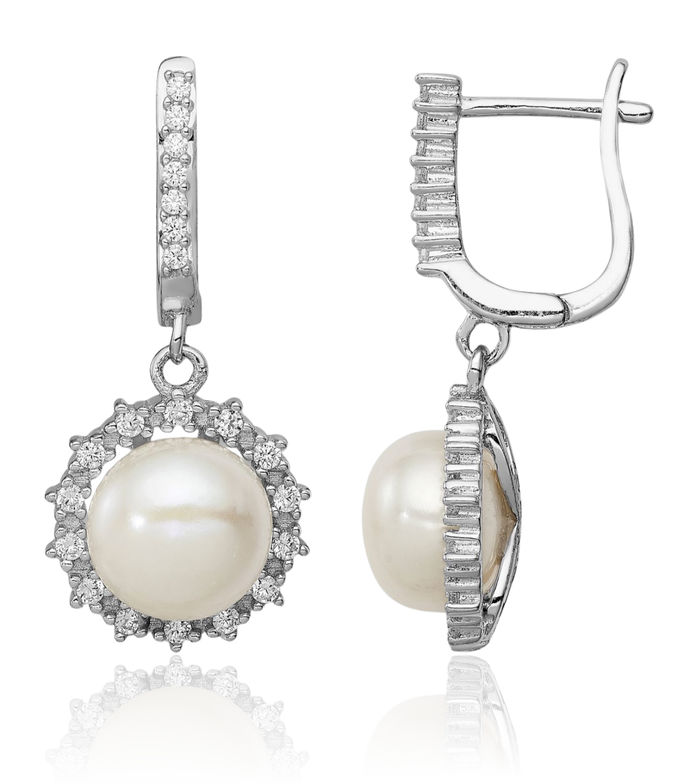 925 Sterling Silver Cubic Zirconia CZ 8mm Button Freshwater Cultured Pearl Medium Hoop Drop Dangle Earrings