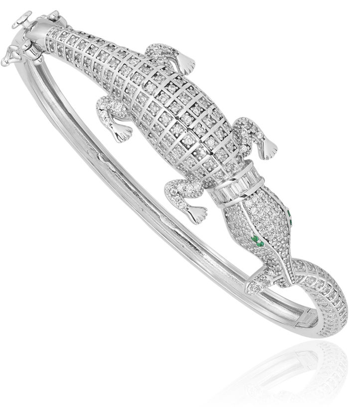 925 Sterling Silver Cubic Zirconia CZ Alligator Bangle Charm Bracelet