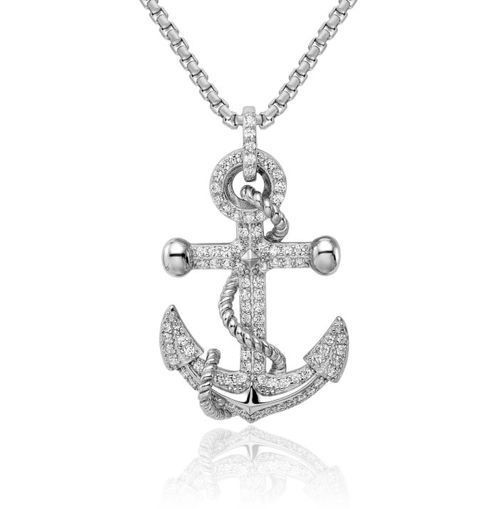 925 Sterling Silver Cubic Zirconia CZ Anchor Mariner Necklace Nautical Charm Pendant