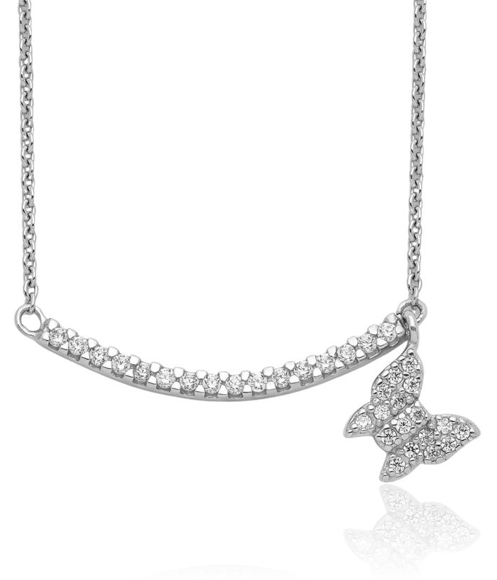 925 Sterling Silver Cubic Zirconia CZ Bar Butterfly Wings Dangling Chain Necklace