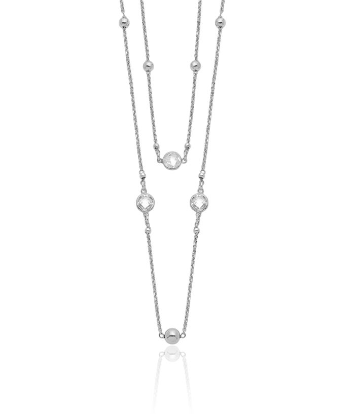 925 Sterling Silver Cubic Zirconia CZ Beaded 2 Strand Layering Necklace Chain