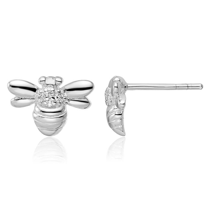 925 Sterling Silver Cubic Zirconia CZ Queen Bumble Bee Studs Honeybee Beekeeper Earrings