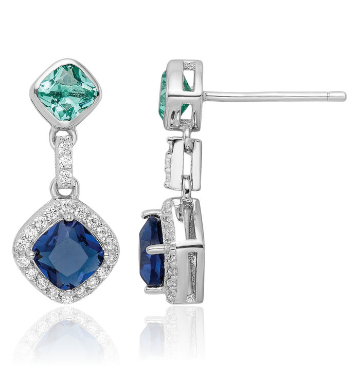 925 Sterling Silver Cubic Zirconia CZ Blue Glass Post Drop Dangle Earrings