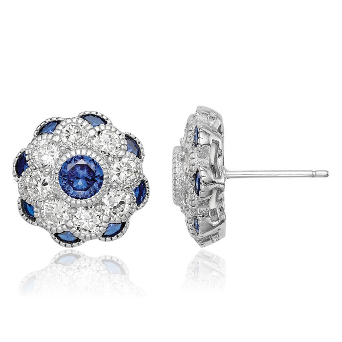 925 Sterling Silver Cubic Zirconia CZ Synthetic Blue Spinel Flower Stud Earrings