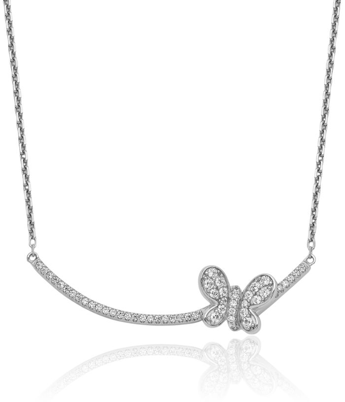 925 Sterling Silver Cubic Zirconia CZ Butterfly Wings Bar Necklace Chain