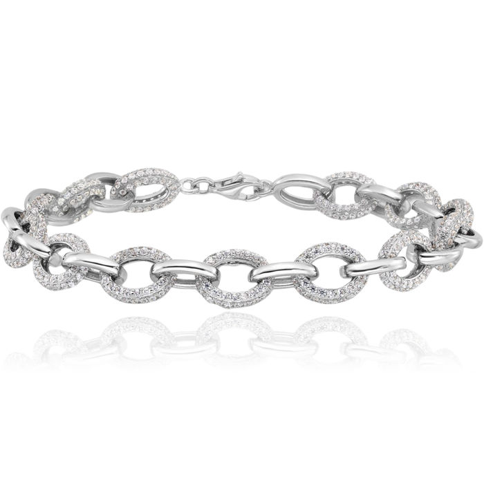 925 Sterling Silver Cubic Zirconia CZ Cable Rolo Link Chain Bracelet