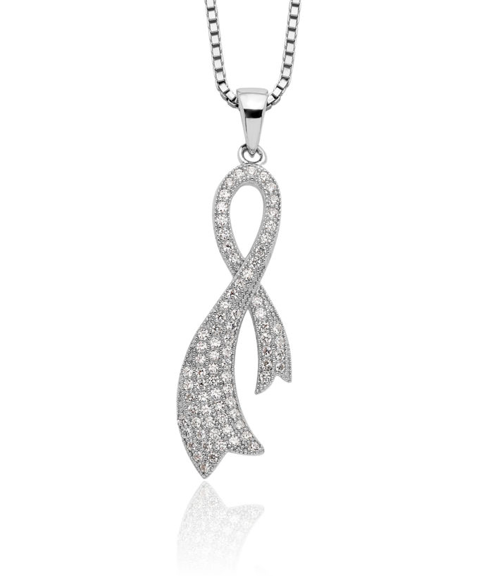 925 Sterling Silver Cubic Zirconia CZ Cancer Awareness Ribbon Chain Necklace