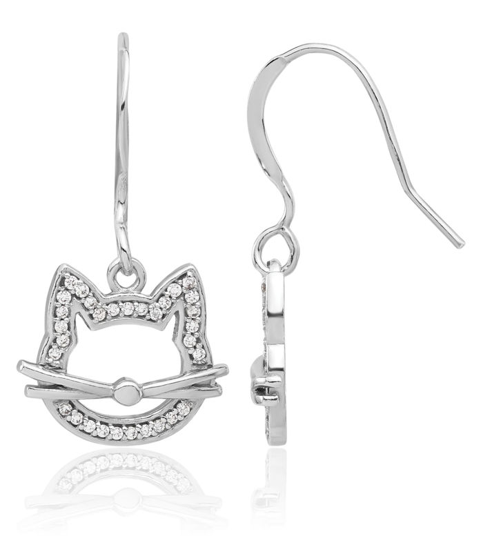 925 Sterling Silver Cubic Zirconia CZ Cat Head Drop Dangle Earrings
