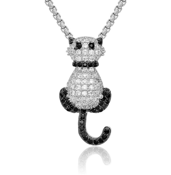 925 Sterling Silver Cubic Zirconia CZ Cat Slide Chain Necklace Pendant Charm