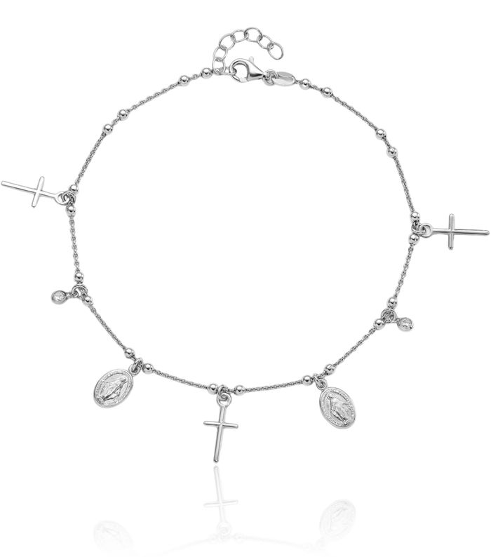 925 Sterling Silver Cubic Zirconia CZ Holy Cross Blessed Mother Mary Charm Anklet Religious Summer Beach Foot Ankle Bracelet