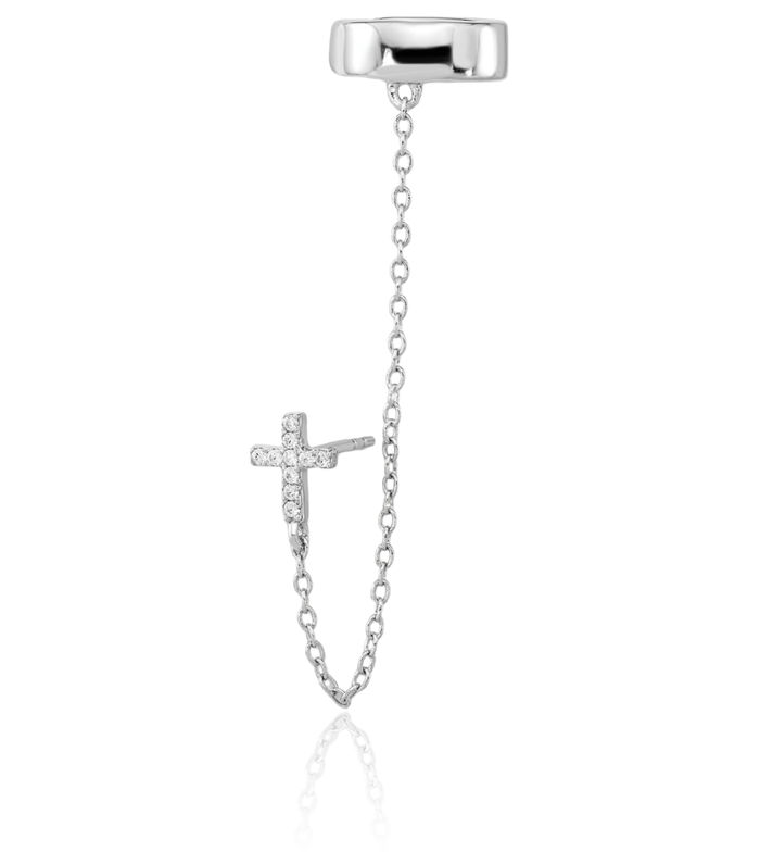 925 Sterling Silver Cubic Zirconia CZ Holy Cross Chain Single Post Cuff Earring