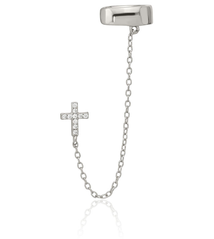 925 Sterling Silver Cubic Zirconia CZ Holy Cross Chain Single Post Cuff Earring