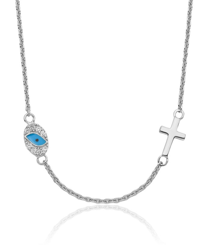 925 Sterling Silver Cubic Zirconia CZ Holy Cross Hamsa Hand of Fatima Evil Eye Protection Good Luck Blue Necklace Chain