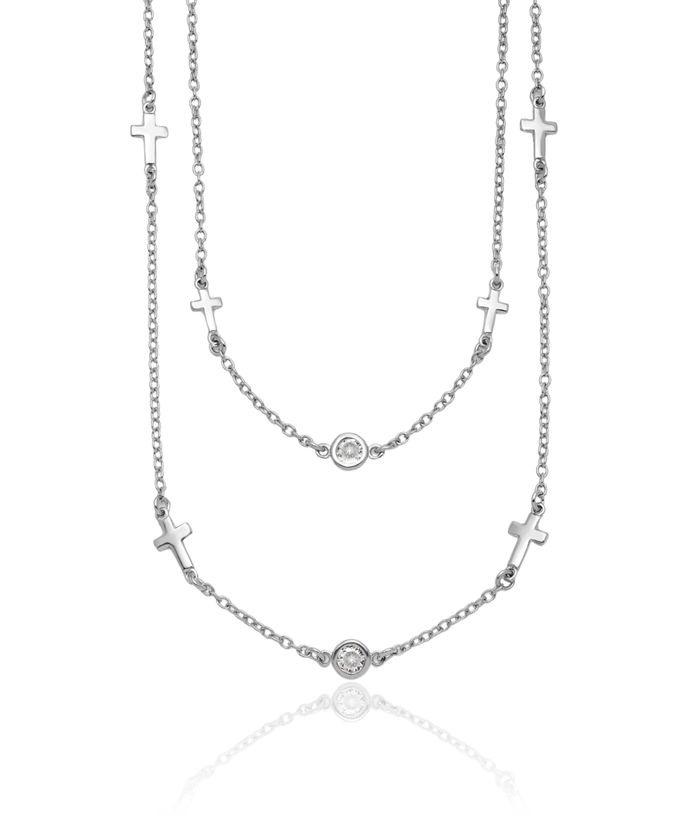 925 Sterling Silver Cubic Zirconia CZ Cross Multi Strand Layering Necklace Chain