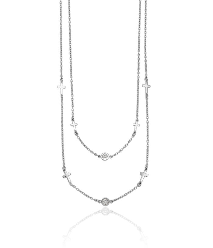 925 Sterling Silver Cubic Zirconia CZ Cross Multi Strand Layering Necklace Chain