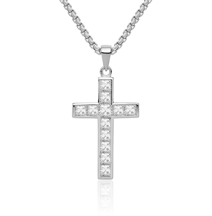 925 Sterling Silver Cubic Zirconia CZ Latin Mexican Holy Cross Necklace Religious Chain Pendant Jesus Christ Charm