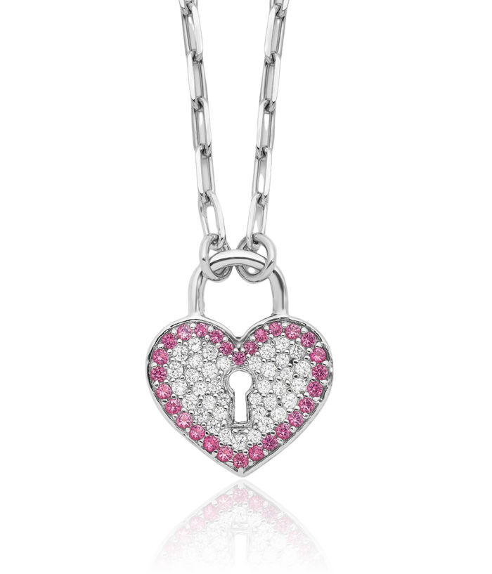 925 Sterling Silver Cubic Zirconia CZ Rhinestone Crystals Heart Lock Necklace Chain