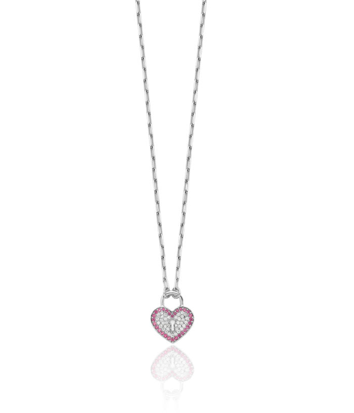 925 Sterling Silver Cubic Zirconia CZ Rhinestone Crystals Heart Lock Necklace Chain