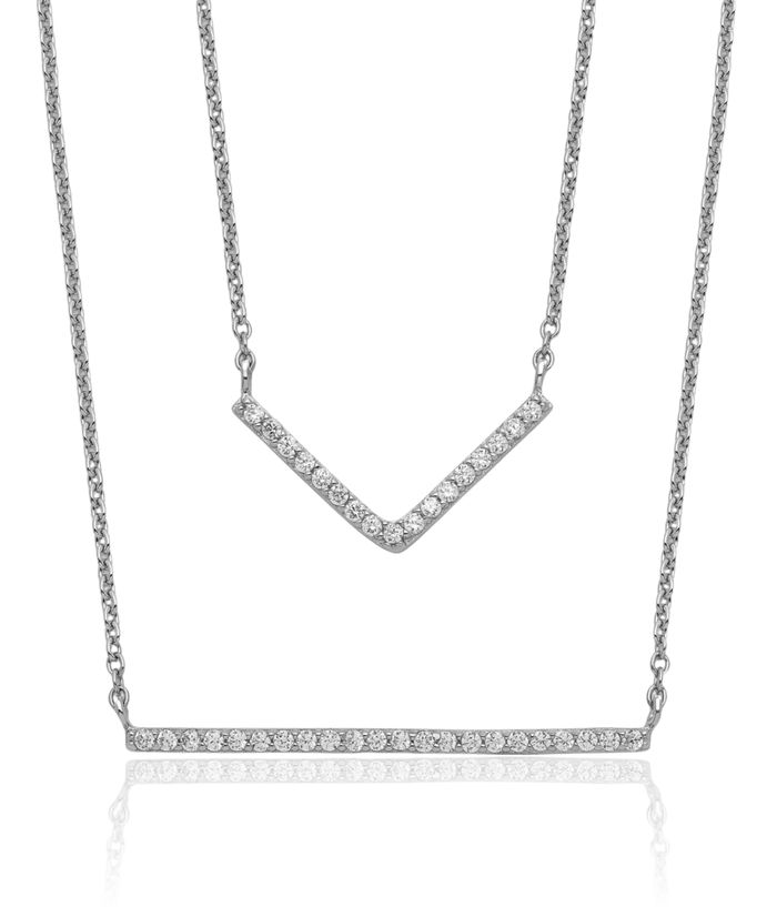 925 Sterling Silver Cubic Zirconia CZ Double Bar Multi Strand Chain Layering Necklace