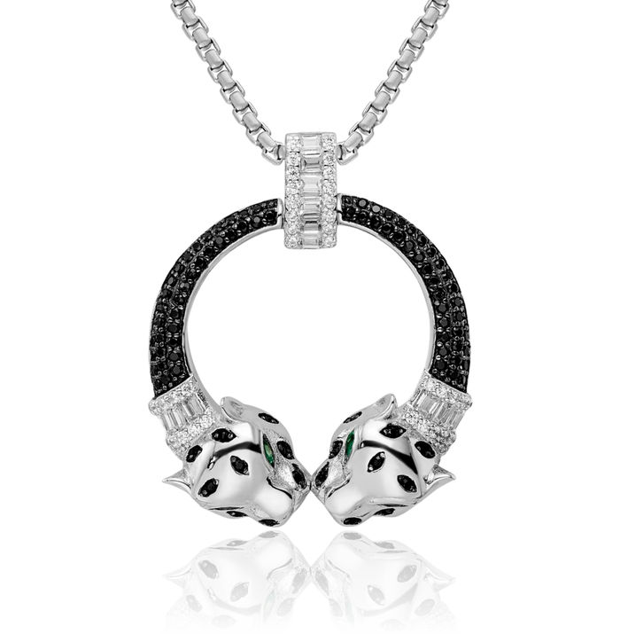 925 Sterling Silver Cubic Zirconia CZ Double Cheetah Head Necklace Chain Pendant Charm