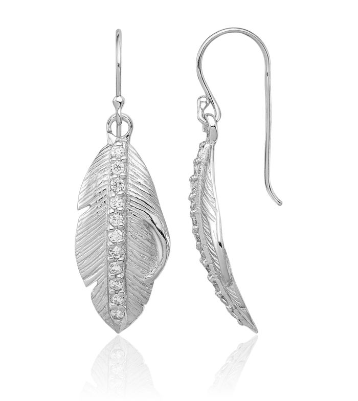 925 Sterling Silver Cubic Zirconia CZ Feather Drop Dangle Earrings