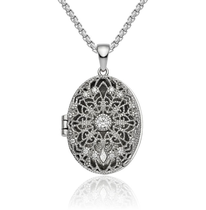 925 Sterling Silver Cubic Zirconia CZ Antique Filigree Back Oval Personalized Photo Locket Necklace Picture Pendant Charm