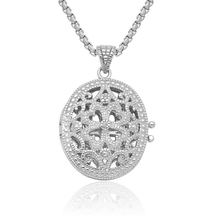 925 Sterling Silver Cubic Zirconia CZ Antique Filigree Oval Personalized Photo Locket Necklace Picture Pendant Charm