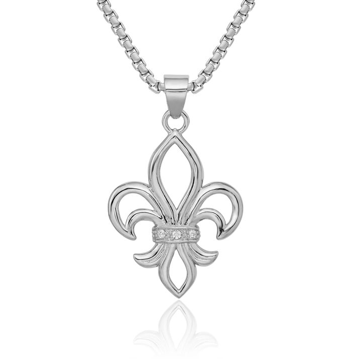 925 Sterling Silver Cubic Zirconia CZ French Fleur De Lis Lily Flower Necklace Religious Chain Pendant Saint Charm