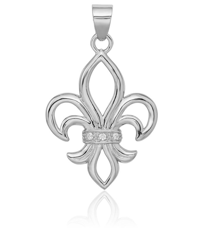 925 Sterling Silver Cubic Zirconia CZ French Fleur De Lis Lily Flower Necklace Religious Chain Pendant Saint Charm