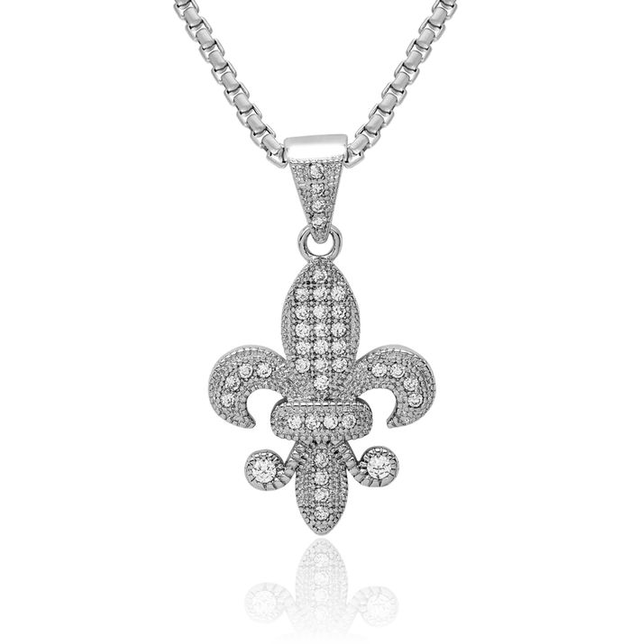 925 Sterling Silver Cubic Zirconia CZ French Fleur De Lis Lily Flower Necklace Religious Chain Pendant Saint Charm