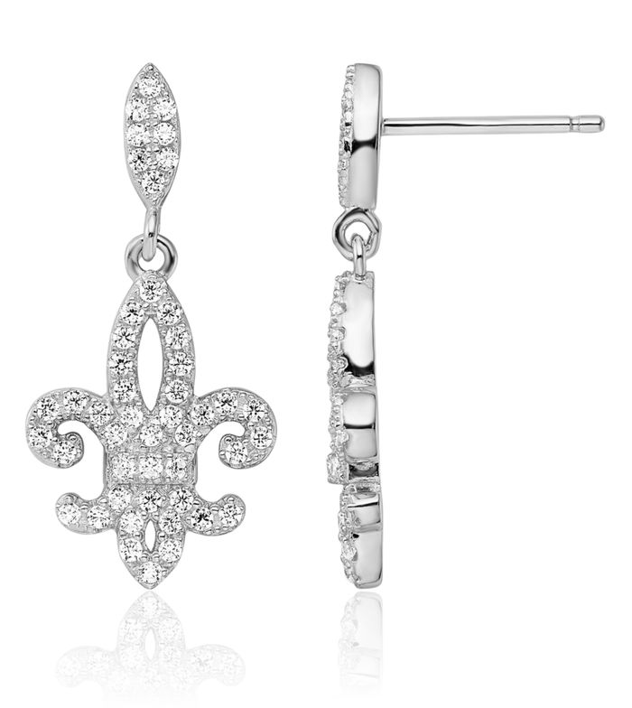 925 Sterling Silver Cubic Zirconia CZ French Fleur De Lis Lily Flower Post Drop Dangle Earrings