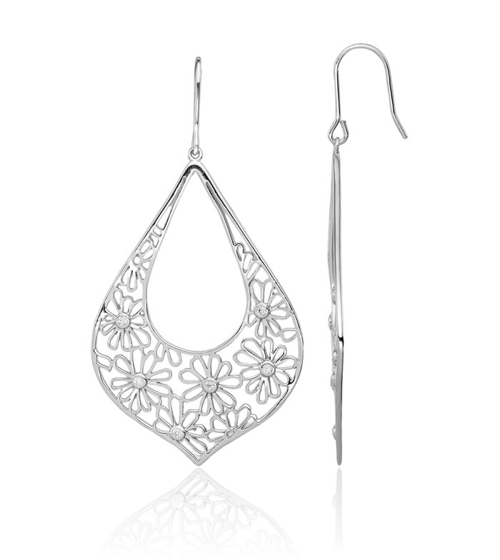 925 Sterling Silver Cubic Zirconia CZ Flower Teardrop Drop Dangle Earrings