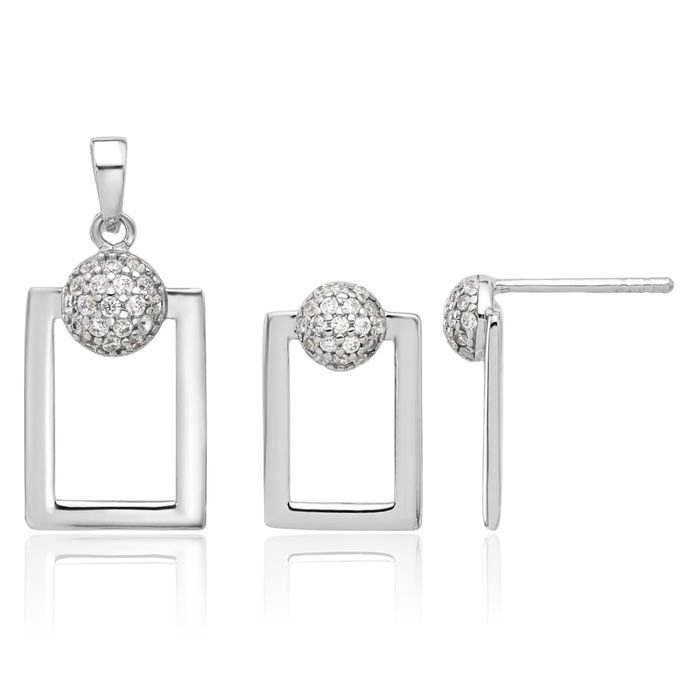 925 Sterling Silver Cubic Zirconia CZ Geometric Earrings Necklace Chain Pendant Charm Set