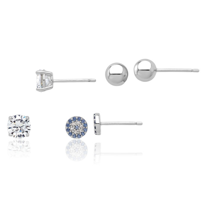 925 Sterling Silver Cubic Zirconia CZ Glass Rhinestone Crystals Ball 3 Pair Stud Earrings Set