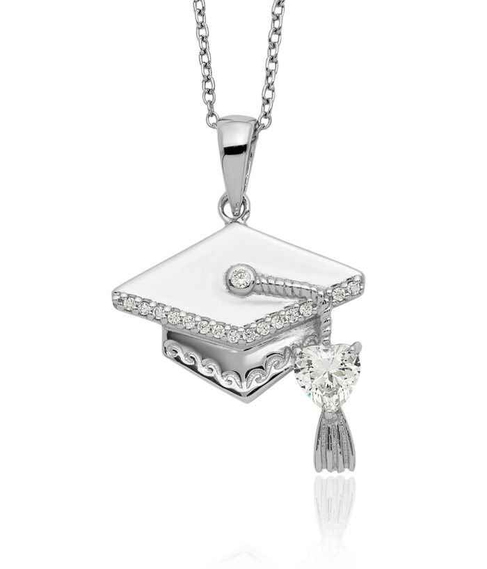 925 Sterling Silver Cubic Zirconia CZ Graduation Cap Chain Necklace